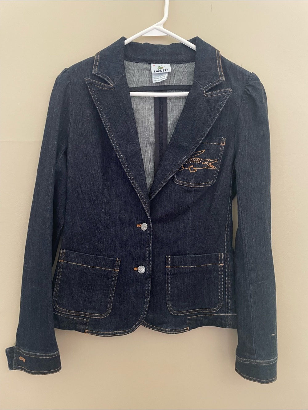 Vintage Lacoste Dark Wash Denim Blazer Jacket Embroidered Crocodile Size 38 US 6